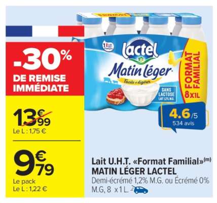 Lait U.H.T. «Format Familial» MATIN LÉGER LACTEL