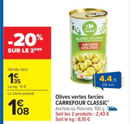 Olives vertes farcies CARREFOUR CLASSIC'