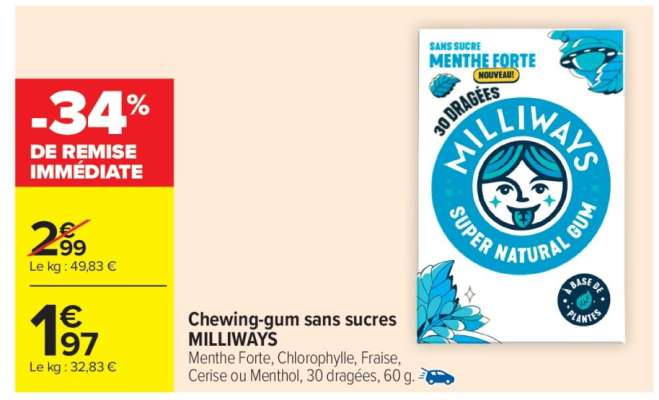 Chewing-gum sans sucres MILLIWAYS