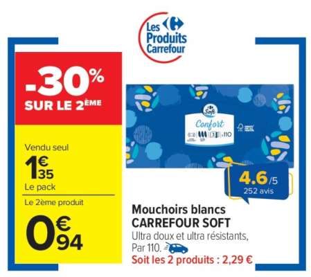 Mouchoirs blancs CARREFOUR SOFT