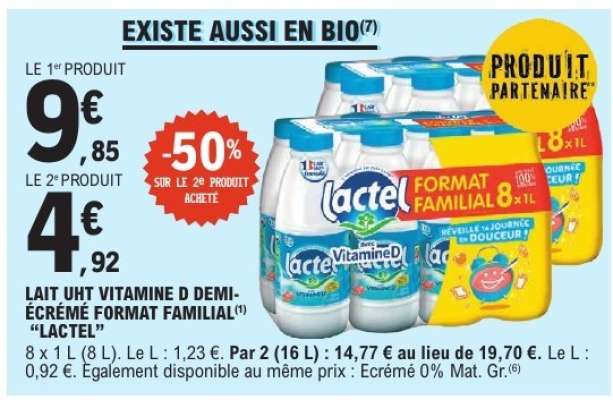 Lait UHT Vitamine D Demi-Écrémé Format Familial 'Lactel'
