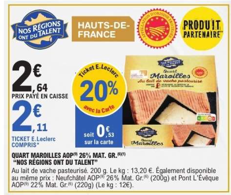 QUART MAROILLES AOP 26% MAT. GR. "NOS RÉGIONS ONT DU TALENT"