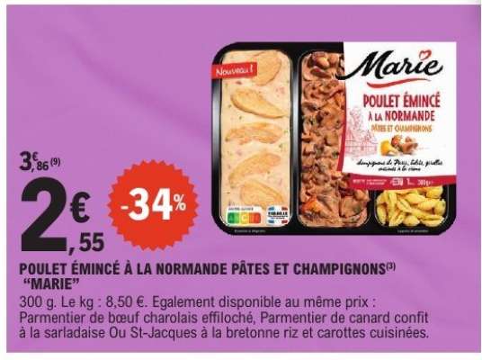 POULET ÉMINCÉ À LA NORMANDE PÂTES ET CHAMPIGNONS "MARIE"