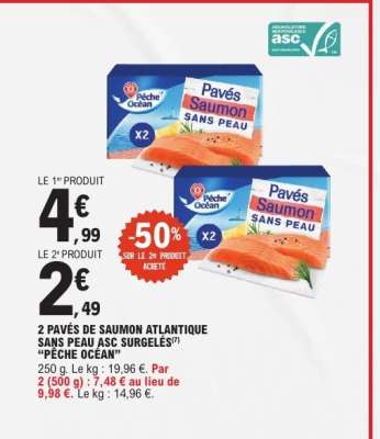 2 Pavés de Saumon Atlantique Sans Peau ASC Surgelés 'Pêche Océan'