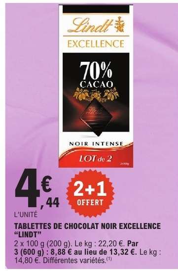 TABLETTES DE CHOCOLAT NOIR EXCELLENCE “LINDT”