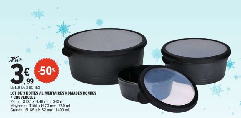 LOT DE 3 BOÎTES ALIMENTAIRES NOMADES RONDES + COUVERCLES