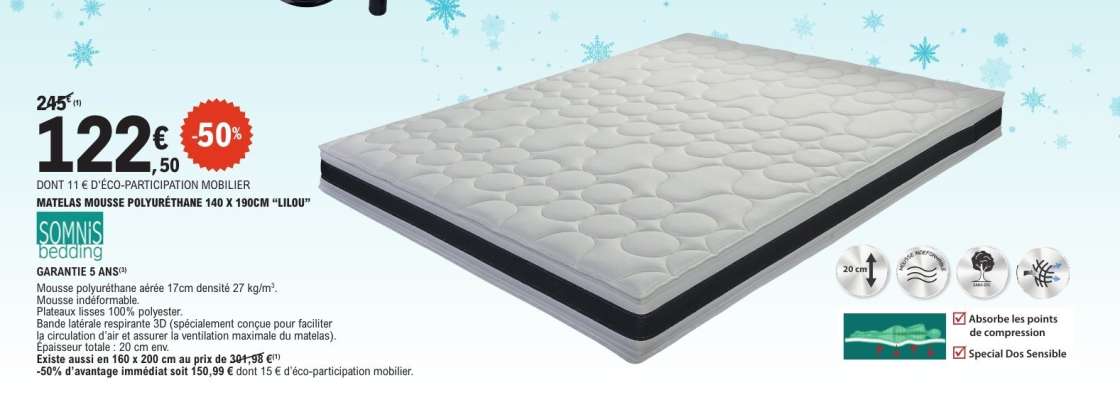 MATELAS MOUSSE POLYURETHANE 140 x 190 cm