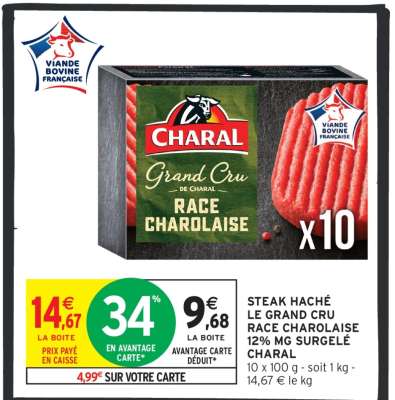 STEAK HACHÉ LE GRAND CRU RACE CHAROLAISE 12% MG SURGELÉ CHARAL