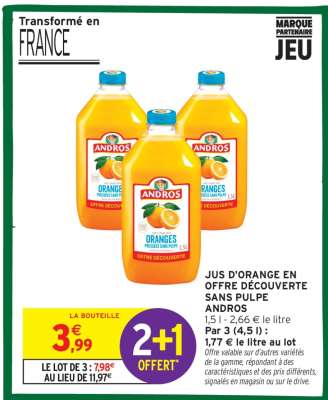 Jus d'orange en offre découverte sans pulpe Andros