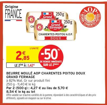 Beurre Moulé AOP Charentes Poitou Doux Grand Fermage