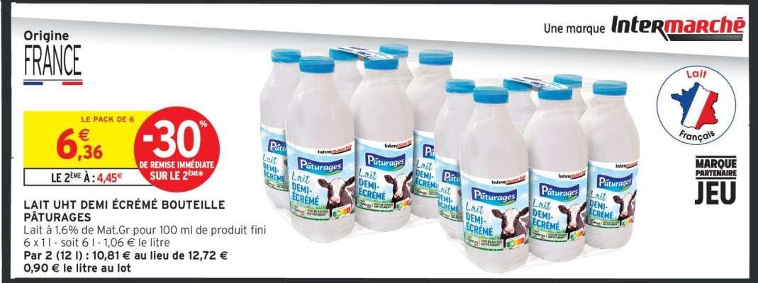 LAIT UHT DEMI ÉCRÉMÉ BOUTEILLE PÂTURAGES