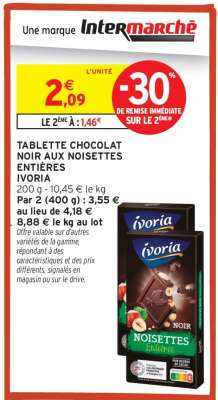 TABLETTE CHOCOLAT NOIR AUX NOISETTES ENTIÈRES IVORIA