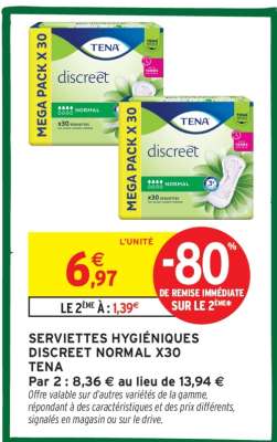 SERVIETTES HYGIÉNIQUES DISCREET NORMAL X30 TENA