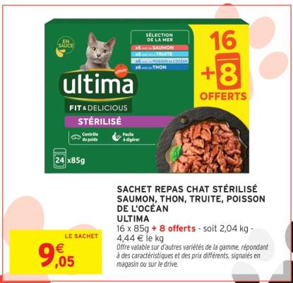 SACHET REPAS CHAT STÉRILISÉ SAUMON, THON, TRUITE, POISSON DE L'OCÉAN ULTIMA