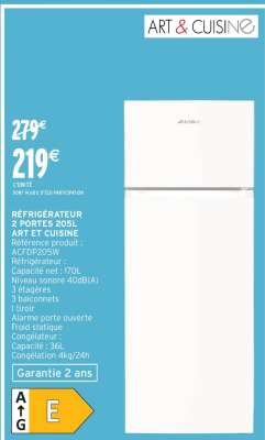 RÉFRIGÉRATEUR 2 PORTES 205L ART ET CUISINE
