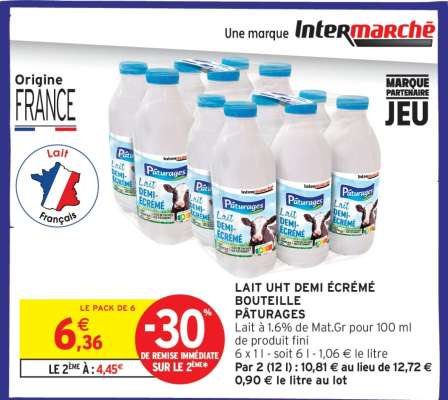 LAIT UHT DEMI ÉCRÉMÉ BOUTEILLE PÂTURAGES