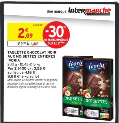 TABLETTE CHOCOLAT NOIR AUX NOISETTES ENTIÈRES IVORIA
