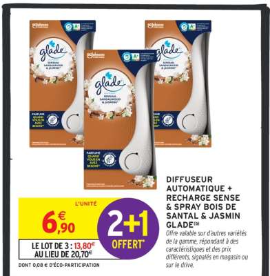 DIFFUSEUR AUTOMATIQUE + RECHARGE SENSE & SPRAY BOIS DE SANTAL & JASMIN GLADE