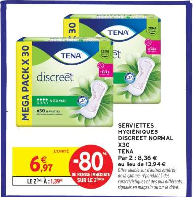 SERVIETTES HYGIÉNIQUES DISCREET NORMAL X30