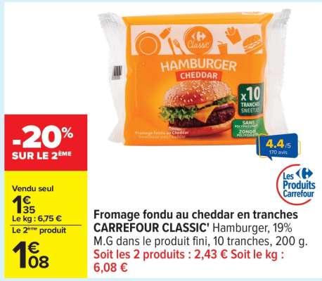 Fromage fondu au cheddar en tranches CARREFOUR CLASSIC'