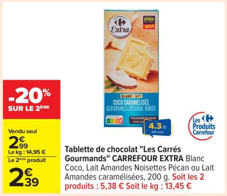 Tablette de chocolat "Les Carrés Gourmands" CARREFOUR EXTRA