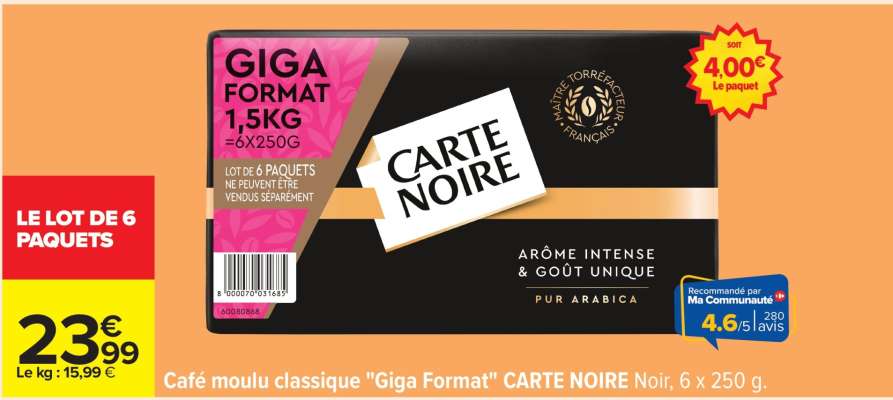 Café moulu classique "Giga Format" CARTE NOIRE Noir, 6 x 250 g