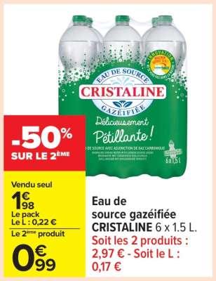 Eau de source gazéifiée CRISTALINE 6 x 1,5 L