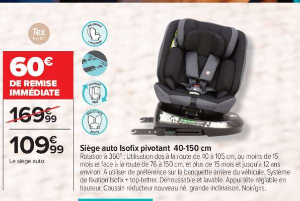 Siège auto Isofix pivotant 40-150 cm