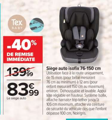 Siège auto isofix 76-150 cm