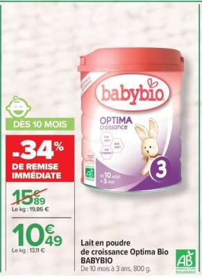 Lait en poudre de croissance Optima Bio BABYBIO
