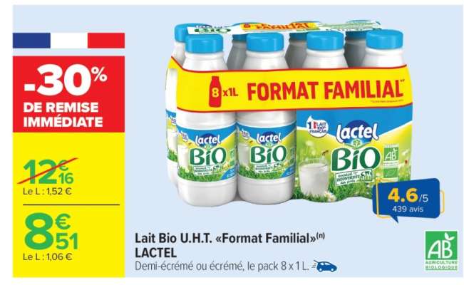 Lait Bio U.H.T. "Format Familial" LACTEL