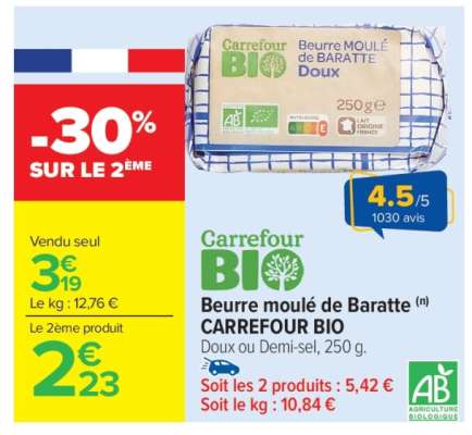 CARREFOUR BIO Beurre moulé de Baratte