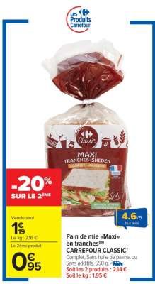 Pain de mie «Maxi» en tranches CARREFOUR CLASSIC’