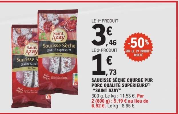 Saucisse Sèche Courbe Pur Porc Qualité Supérieure 'Saint Azay'