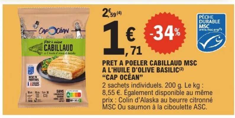 PRET A POELER CABILLAUD MSC A L'HUILE D'OLIVE BASILIC 'CAP OCÉAN'