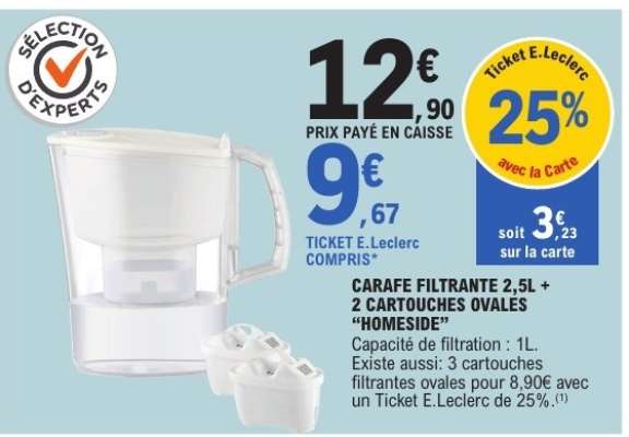 CARAFE FILTRANTE 2,5L + 2 CARTOUCHES OVALES 'HOMESIDE'