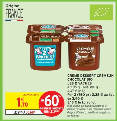 CRÈME DESSERT CRÉMEUH CHOCOLAT BIO LES 2 VACHES