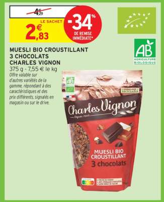 MUESLI BIO CROUSTILLANT 3 CHOCOLATS CHARLES VIGNON