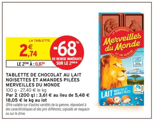 TABLETTE DE CHOCOLAT AU LAIT NOISETTES ET AMANDES PILÉES MERVEILLES DU MONDE