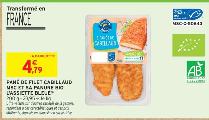 PANÉ DE FILET CABILLAUD MSC ET SA PANURE BIO L'ASSIETTE BLEUE