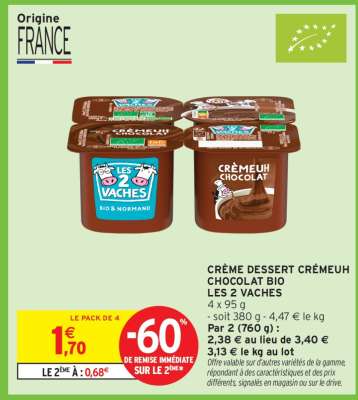 CRÈME DESSERT CRÉMEUH CHOCOLAT BIO LES 2 VACHES
