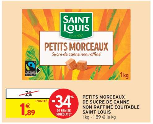 PETITS MORCEAUX DE SUCRE DE CANNE NON RAFFINÉ ÉQUITABLE SAINT LOUIS