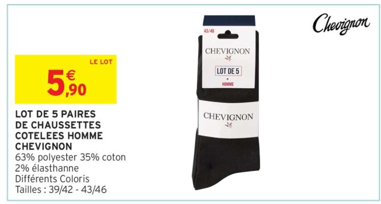 Lot de 5 paires de chaussettes côtelées homme Chevignon