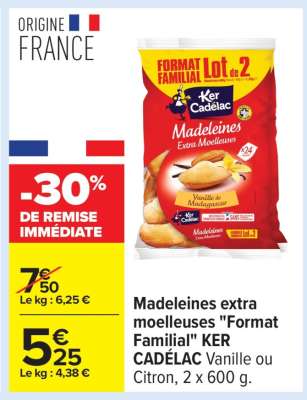 Madeleines extra moelleuses "Format Familial" KER CADÉLAC Vanille ou Citron, 2 x 600 g.