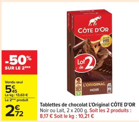 TABLETTES DE CHOCOLAT L'ORIGINAL "CÔTE D'OR"