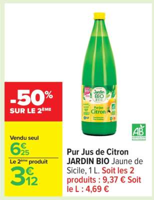 Pur Jus de Citron JARDIN BIO Jaune de Sicile, 1 L