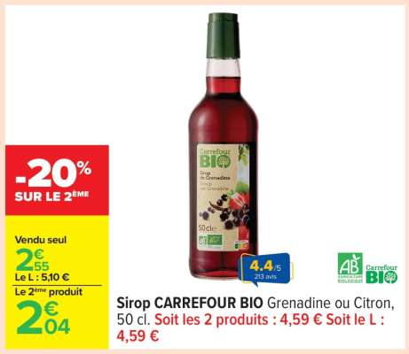 Sirop CARREFOUR BIO Grenadine ou Citron, 50 cl
