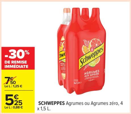 SCHWEPPES Agrumes ou Agrumes zéro, 4 x 1,5 L.