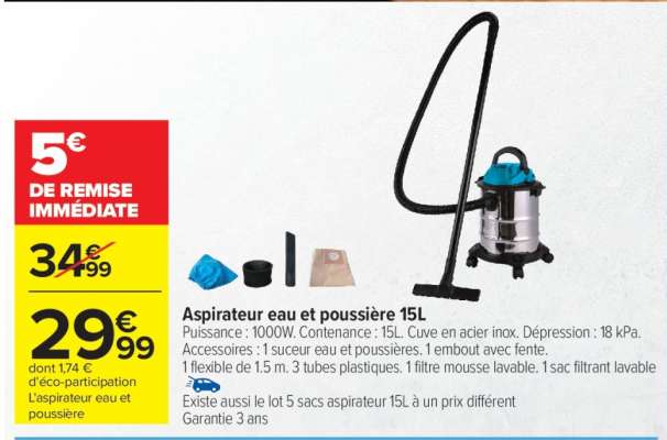 Aspirateur eau et poussière 15L