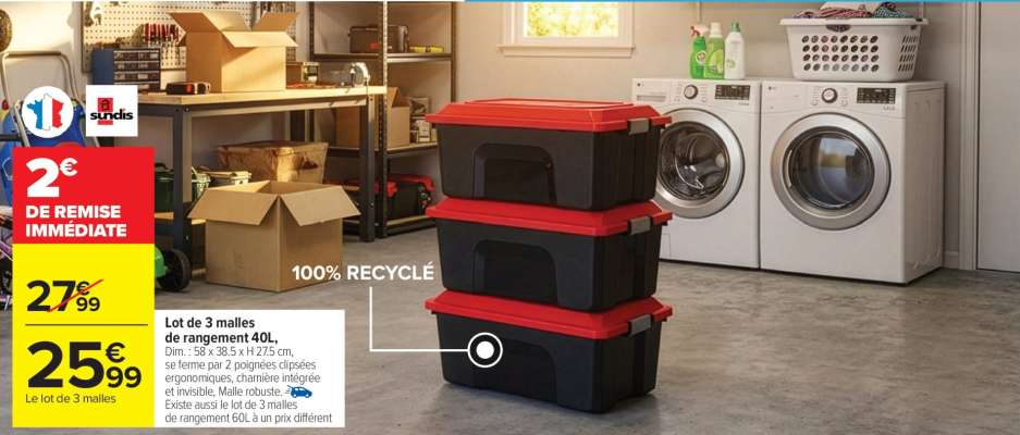 Lot de 3 malles de rangement 40L